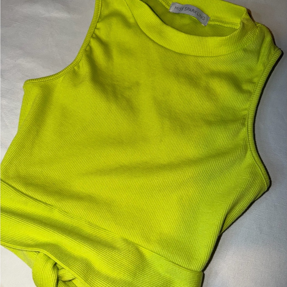 Miss Sparkling Neon Green Ribbed Crop Tank Tie Back Y2K Top Small - Picture 2 of 6